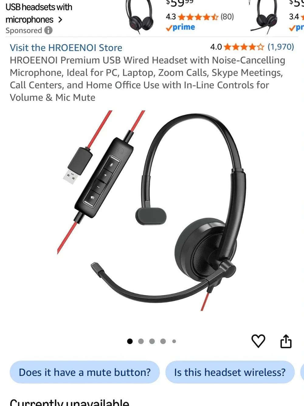 USB Wired Noise-Cancelling Mono Headset - Black with Red Cable